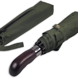 Balios Travel Folding Umbrella with Real Wood Handle Auto Open Close Vented Windproof Canopy - Designed in UK