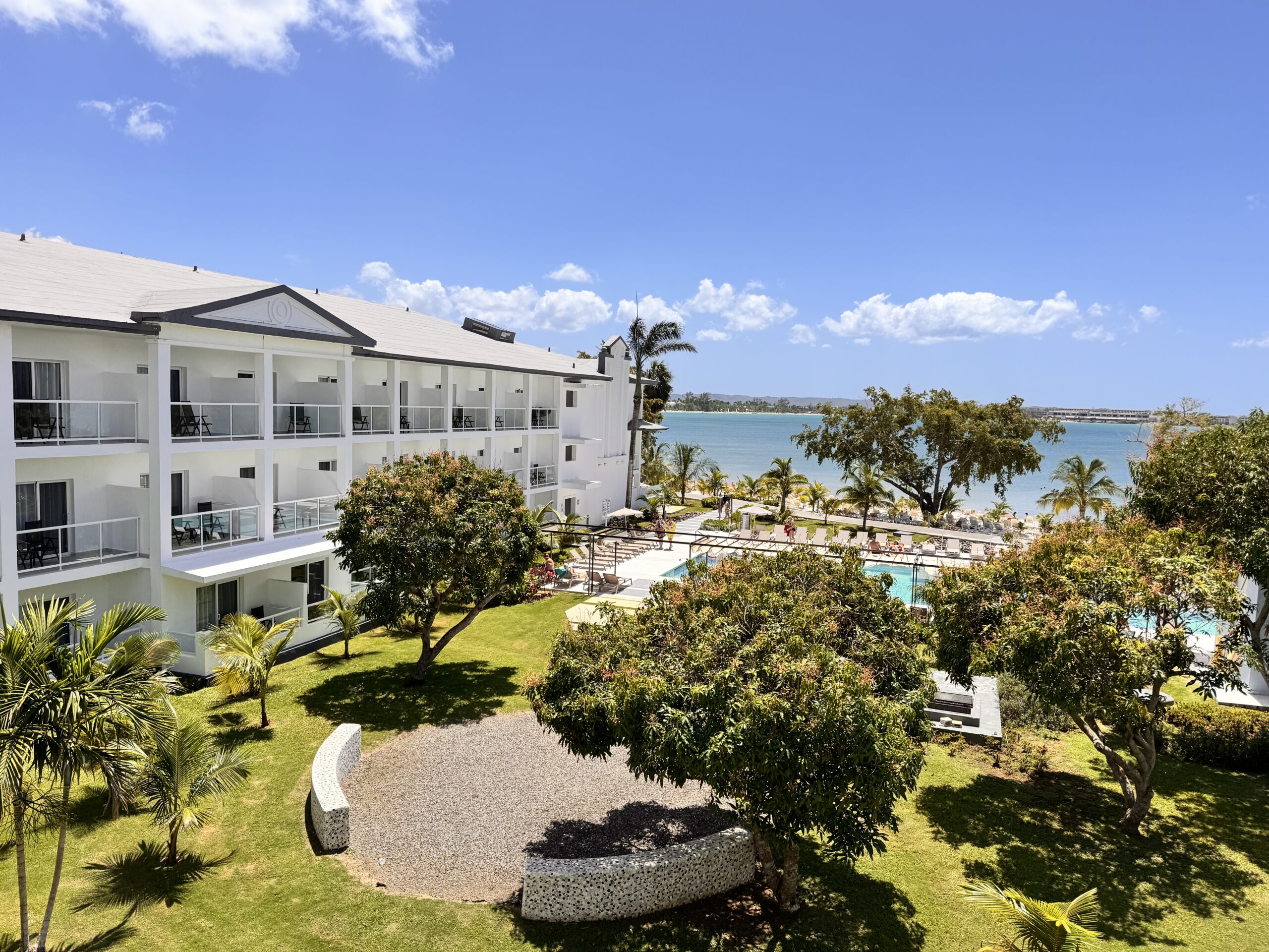 The Riu Negril resort, gardens and pool with the ocean beyond