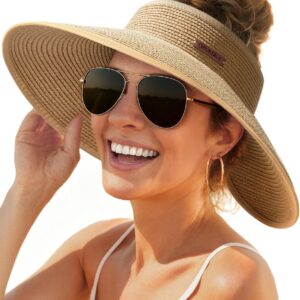 FURTALK wide-brim straw sun visor with an open top, worn on the beach