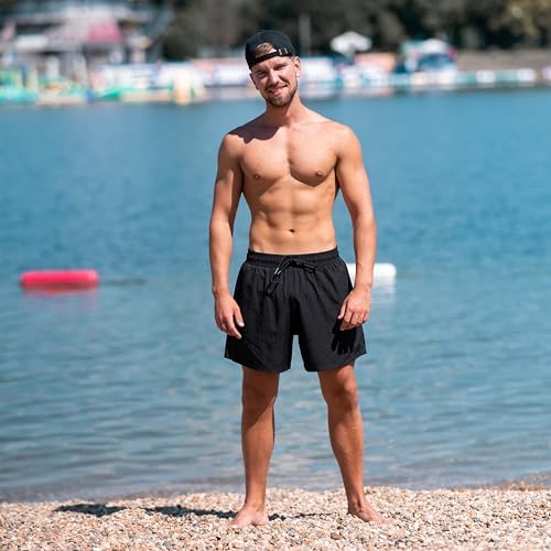 BRISIRA swim trunks showing the compression liner and zippered side pocket detail