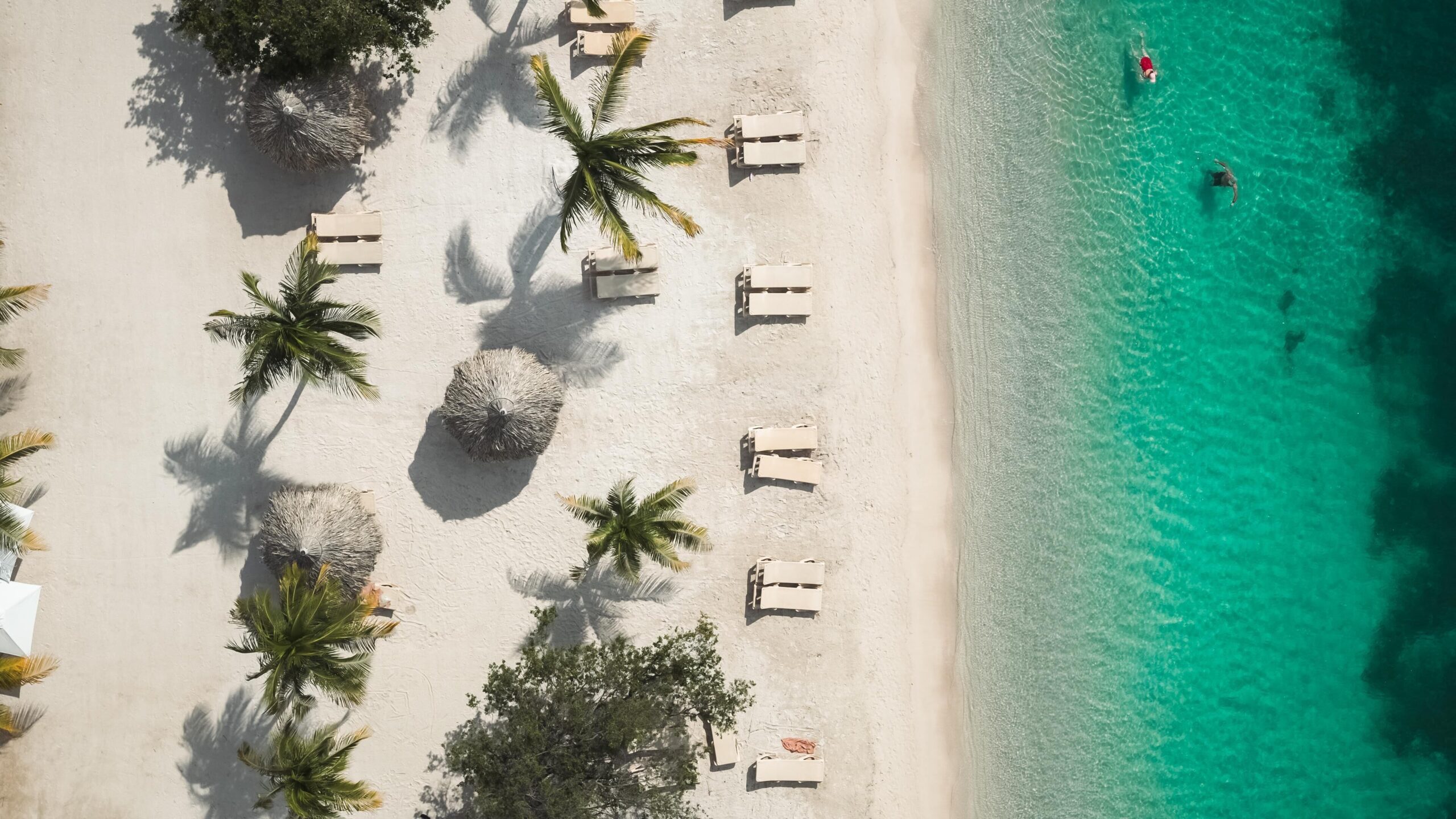Aerial of the white-sand beach and clear turquoise water at Sandals Royal Curaçao