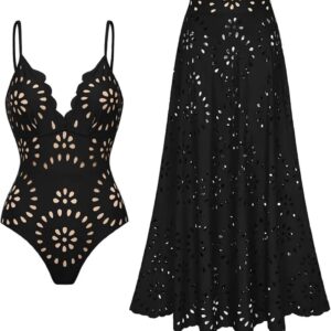 FLAXMAKER one piece swimsuit and skirt with petal hollow V neck in black