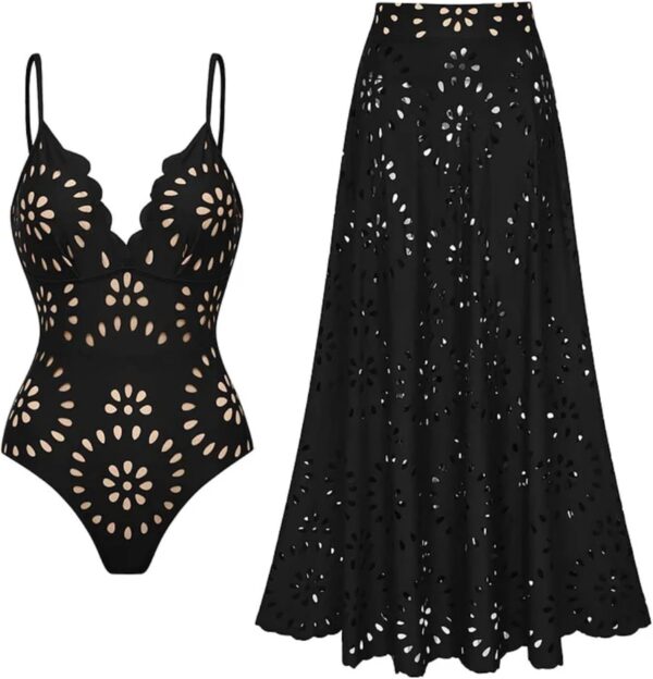 FLAXMAKER one piece swimsuit and skirt with petal hollow V neck in black