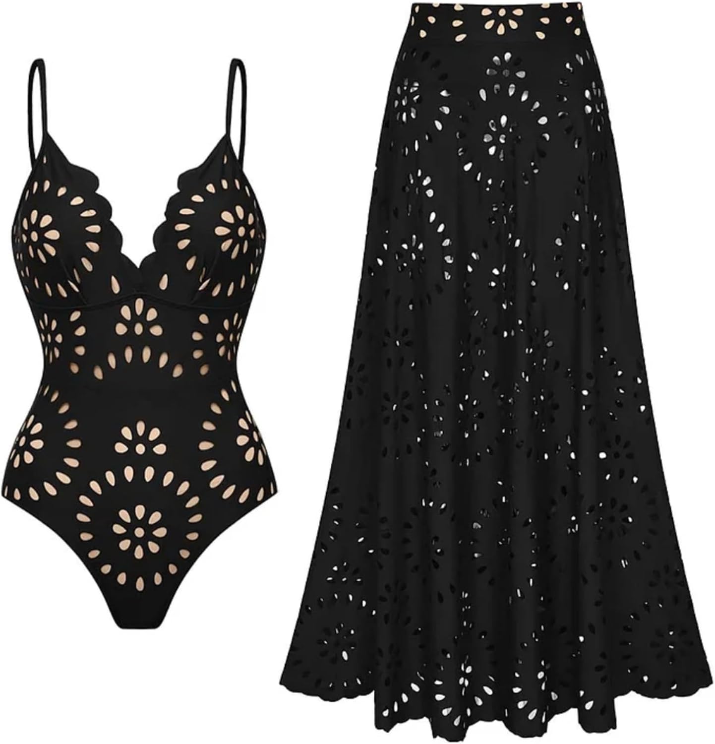 FLAXMAKER one piece swimsuit and skirt with petal hollow V neck