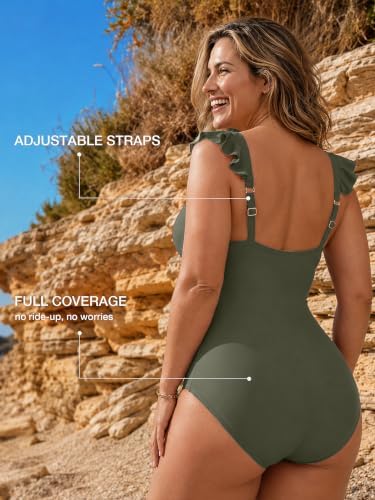 Back view of the LAPHEE ROSE rifle green swimsuit showing the adjustable flutter-shoulder straps