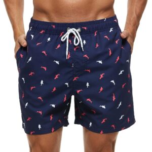 SILKWORLD swim trunks in the Red and White Fish print with a 5-inch inseam and mesh liner