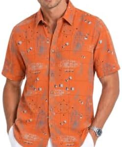 bohio nautical print shirt in rust orange linen lyocell, short sleeve button down