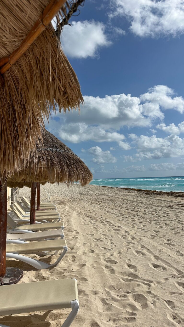 Beach with palapa umbrellas