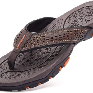 GUBARUN flip flops in brown showing the contoured footbed and thick sport sole