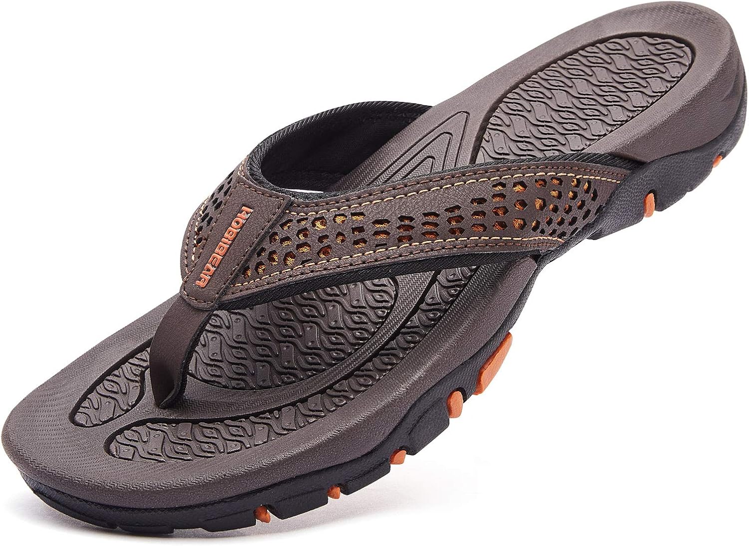 GUBARUN flip flops in brown showing the contoured footbed and thick sport sole