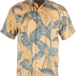 Havana Breeze Hawaiian shirt in a yellow botanical leaf print, silk and cotton blend