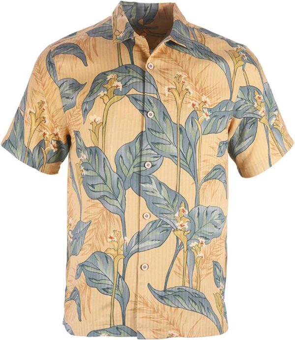 Havana Breeze Hawaiian shirt in a yellow botanical leaf print, silk and cotton blend