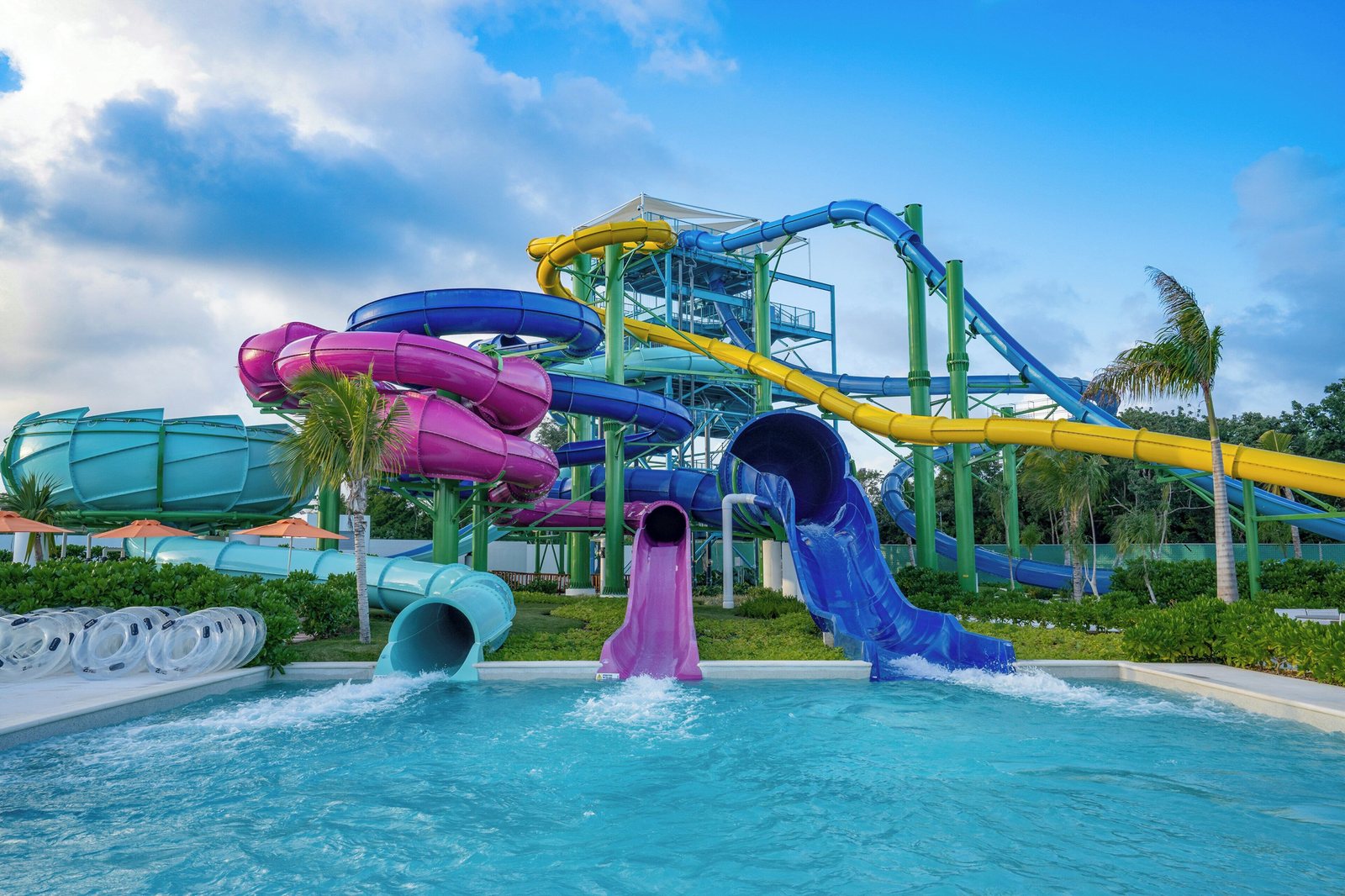 The slide tower and body slides at Aqua Nick water park, Nickelodeon Hotels and Resorts Riviera Maya