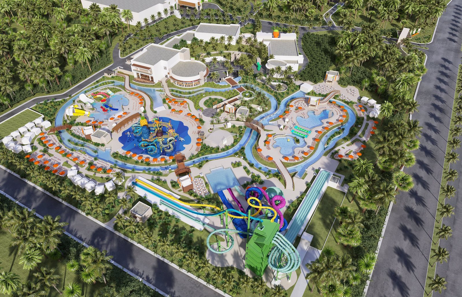 Overhead view of the pool complex and Aqua Nick water park at Nickelodeon Hotels and Resorts Riviera Maya