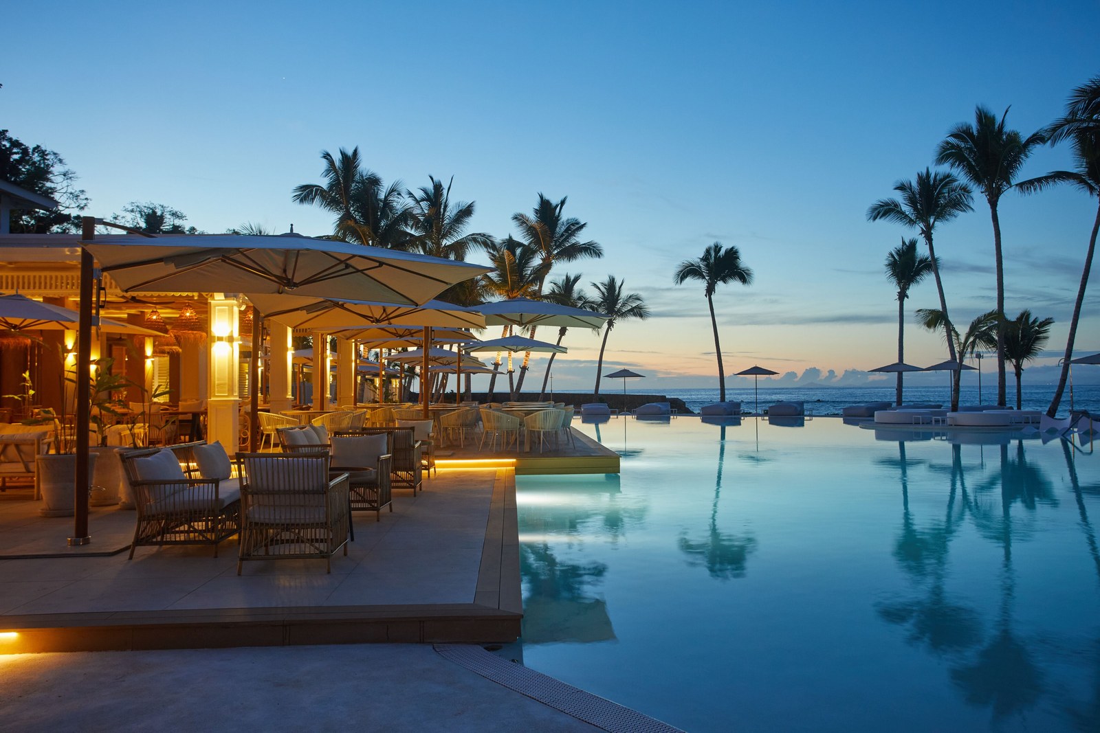 Infinity pool at the Cayo Levantado Resort beach club with palm trees and the sea behind